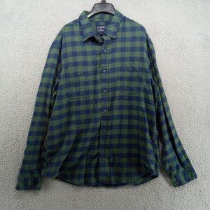 J Crew Shirt Mens XL‎ Navy Blue Green Buffalo Plaid Button Up Flannel Cabincore